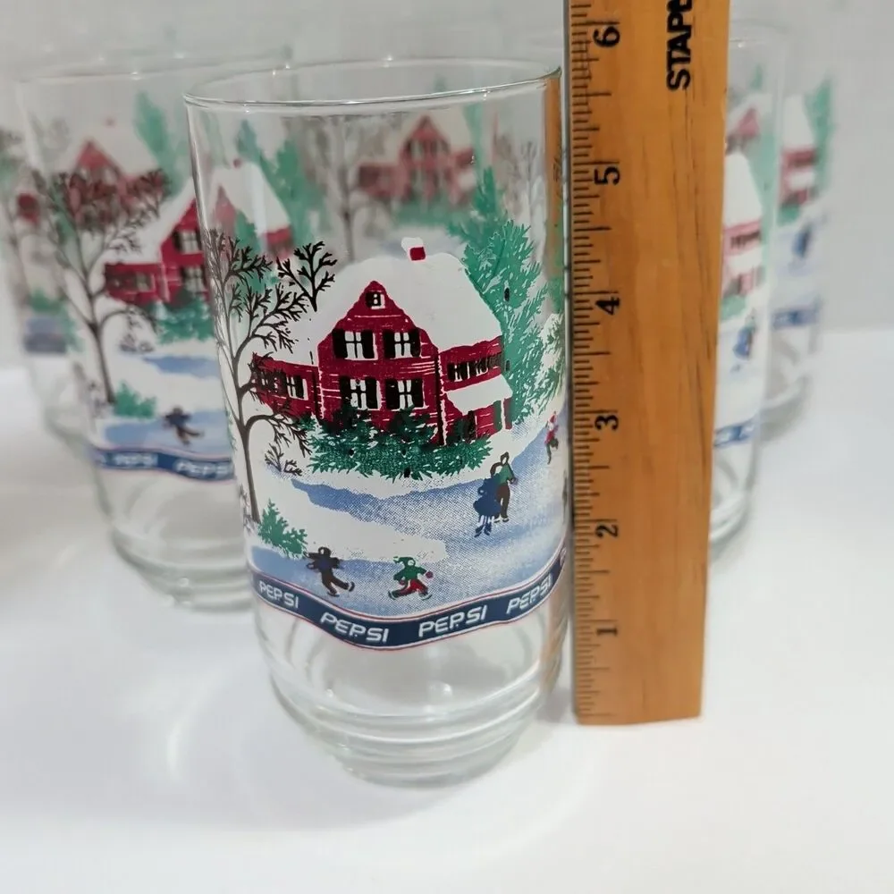 Vtg Pepsi Holiday 16oz Glasses Set of 6 Winter Cabin Snow Scene Retro